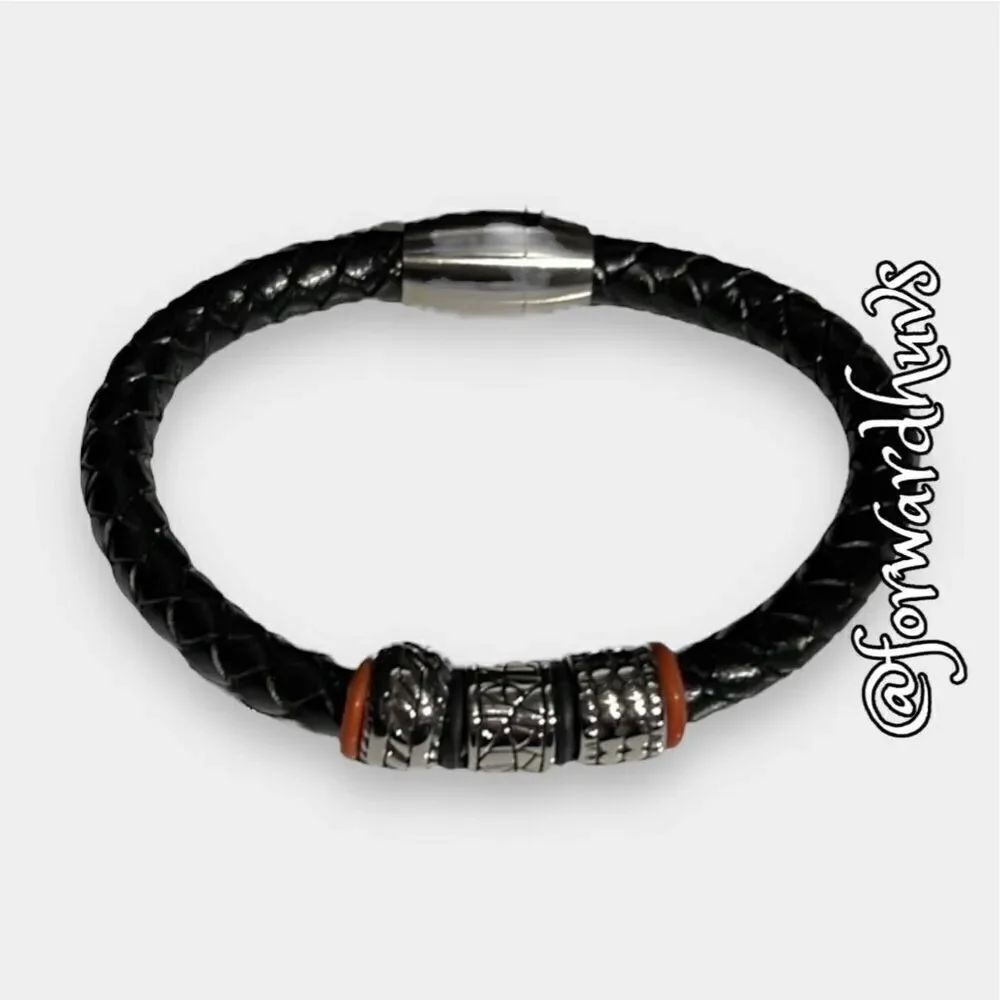 Braided Leather Bracelet Silver Tone & Red | Magnet Clasp